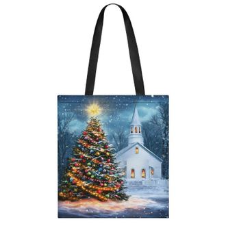 Generic Christmas Tree with Church Womens Tote Casual Shopping Bag Lightweight Shoulder Bags Hobos Handbag for Work Travel Daily 35x40cm