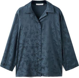 Mango Jacquard Satin Button-Up Shirt in Night Blue at Nordstrom, Size Medium