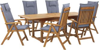 Beliani Conjunto De Comedor Para Jard&iacute;n De Madera De Acacia Ajustable Plegable 6 Plazas Cojines Azules Exterior Java