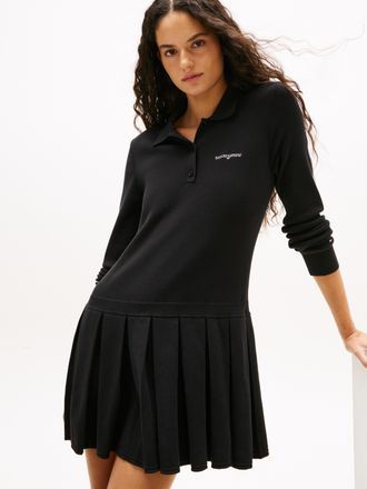 Tommy Jeans Sweatkleid TOMMY JEANS TJW SCRIPT PLEATED SWEATER DRESS, Damen, Gr. S (36), N-Gr, schwarz, Jersey, Obermaterial: 85% Baumwolle, 13% Polyamid, 2% Elast