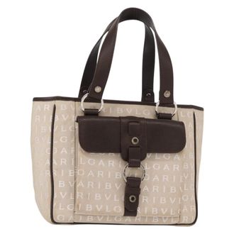 Bulgari Logomania Handbag Canvas Beige Canvas Handbag (Pre-Owned)