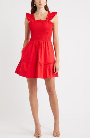Chelsea28 Smocked Tiered Cotton Ruffle Trim Minidress in Red Bloom at Nordstrom, Size Xx-Small