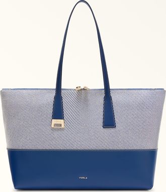 Furla Olivia Borsa Shopping L Toni Indigo Tessuto Canvas + Pelle Di Vitello Sidney Donna