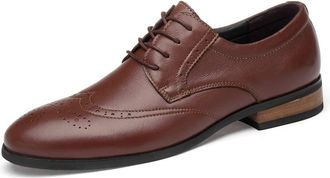 Generic Formal Shoes for Men Lace Up Wing Tip Brogue Derby Shoes Cowhide Slip Resistant Low Top Rubber Sole Anti-Slip Block Heel Classic(Brown,8.5 UK)