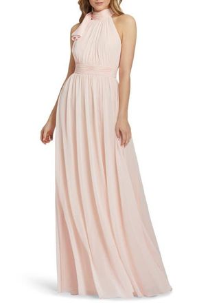 Mac Duggal A Line Chiffon Halter Neck Evening Gown in Blush at Nordstrom, Size 12