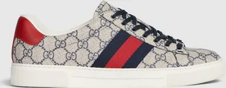 Gucci Mens Gucci Ace Sneaker With Web, Beige, GG Canvas