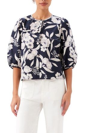 Karen Kane Floral Print Puff Sleeve Cotton Button-Up Shirt at Nordstrom, Size X-Large