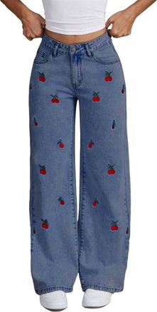Generic Wide Leg Jeans for Women Trendy High Waisted Straight Leg Cherry Embroidery Jeans Vintage Y2k Streetwear Comfy Denim Palazzo Trousers with Pockets,Lig