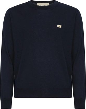 Valentino Round-neck Knitwear, male, Blue, Size: 2XL VLogo-patch Wool Sweater