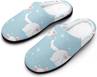 Generic Cute Cat Snowflakes Cotton Slippers for Women Memory Foam Comfy House Shoes with Anti-Skid Rubber Sole
