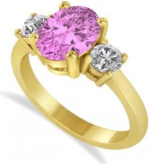 Allurez Oval & Round 3-Stone Pink Sapphire & Diamond Engagement Ring 14k Yellow Gold (3.00ct)