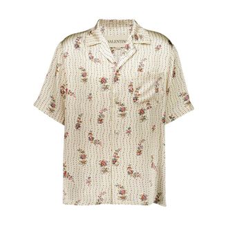 Valentino Garavani Silk Bowling Shirt With Papier Floral Print - male - Valentino Garavani - Short Sleeve Shirts - Beige - XL - Shirts