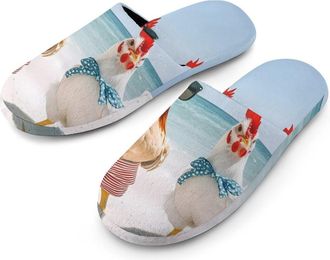 Generic Two Chickens Beach Mens Slippers Flannel Warm House Shoes with Rubber Anti-Slip Sole Slip On for Home Outdoor