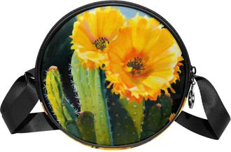 Generic Circle Crossbody Bag for Women, Cactus Flowers Small Sling Bag Daypack with Zipper Adjustable Shoulder Straps Casual Ladies Girls Round Purse