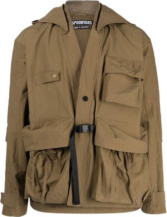 SPOONYARD Kimno multi-pockets hooded jacket - men - Nylon - L - Brown