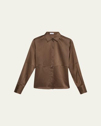 Brunello Cucinelli Silk Satin Stretch Blouse with Bib