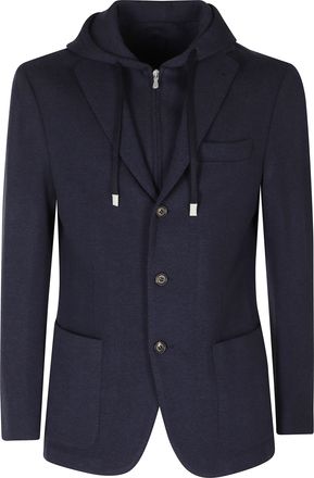 Eleventy Blue Single-Breasted Hooded Wool Jacket