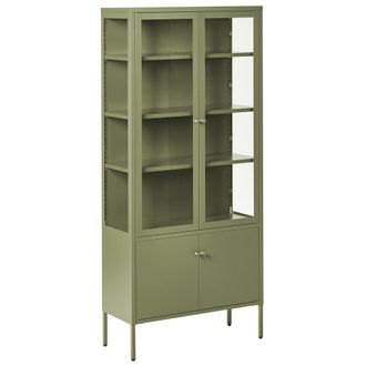 Beliani Vitrina Alta Industrial Moderna De Acero 4 Puertas Armario Con Elementos De Vidrio Verde Oxted