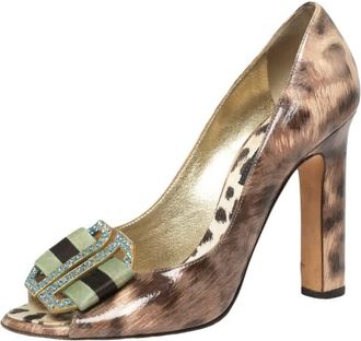 Roberto Cavalli Brown/beige Leopard Print Patent Leather Embellished Buckle Detail Peep-Toe Pumps
