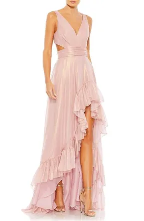 Mac Duggal Side and Back Cut Out High Low Ruffle Gown in Rose Gold at Nordstrom, Size 10