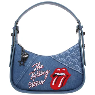 THE ROLLING STONES Denim Shoulder Bag - Tongue Logo Mini Hobo Purse (Navy/Denim & Pink)