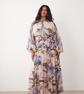 Asos Curve ASOS DESIGN Curve - Vestito lungo a campana a maniche lunghe con vita arricciata e stampa floreale romantica-Multi