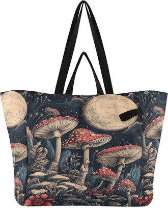 Generic Mushroom Moon White pattern Reusable Canvas Tote Bag, Heavy Duty Grocery Shopping Bag with Double Handles Hard Bottom Large Capacity Work Groceries Tr
