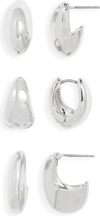 Open Edit Set of 3 Puffy Huggie Earrings in Silver at Nordstrom