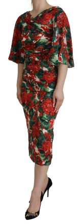 Dolce & Gabbana Womens Multicolor Geranium Silk Sheath Midi Dress Elastane