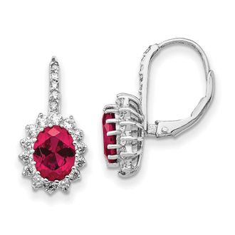 Diamond2Deal Sterling Silver Rhodium-plated Lab Created Ruby and White CZ Oval Halo Drop Earrings