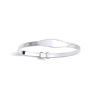Jewelco London Silver Expanding Oval ID Plate Bangle Etched Pattern Motifs (55mm)