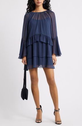 Open Edit Long Sleeve Tiered Chiffon Dress in Navy Iris at Nordstrom, Size Xx-Small