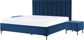 Beliani Conjunto De Dormitorio Tapizado En Terciopelo Azul Cama Con Almacenaje 180 X 200 Cm Con 2 Mesitas De Noche Tapizadas Sezanne