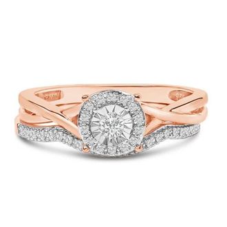 House of Brilliance 14K Rose Gold Plated Sterling Silver 1/6 Cttw Diamond Round Halo Bridal Set in White Gold Over Silver at Nordstrom
