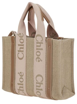 Chlo&eacute; Womens Tote Bag Woody Piccola Beige Linen Shoulder