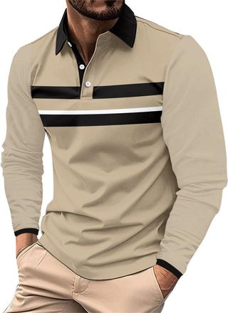 Generic Mens Long Sleeve Polo Shirts Regular Fit Breathable Performance Golf Polos 1/4 Button Collar Gym Sports Tennis T Shirt, Beige, M