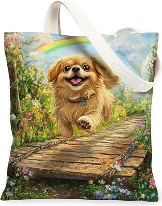 Generic Spring Pekingese Dog Canvas Tote Bag for Shopping 13x15, Country Garden Puppy Reusable Grocery Print Pattern Bag for Women, Fun Flower Pet Beach Aesth