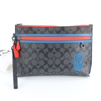Coach Signature Black Leather Coated Canvas Pouch (Pre-Owned)