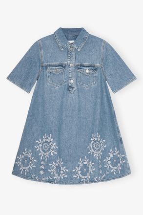 Ganni Blue Broderie Anglaise Mini Dress - Size 10/12 Organic Cotton