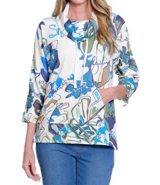 Multiples Drawstring Cowl Neck Print Top In Ivory Mix