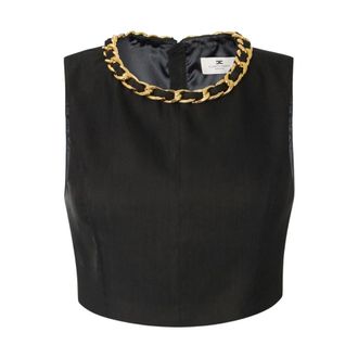 Elisabetta Franchi Sleeveless Tops, female, Black, Size: XL Jewel-Chain Linen-Blend Top