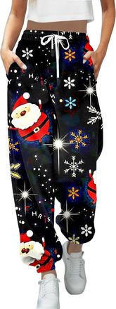 Generic Christmas Joggers for Women UK Funny Snowman Print Holiday Sweatpants High Waist Baggy Trousers Oversized Xmas Drawstring Jogging Pants Ladies Gym Wal