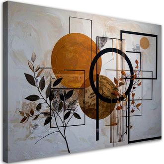 Feeby Cuadro En Lienzo, Abstracci&oacute;n Geom&eacute;trica De C&iacute;rculos Y Hojas Naranja, 100x70