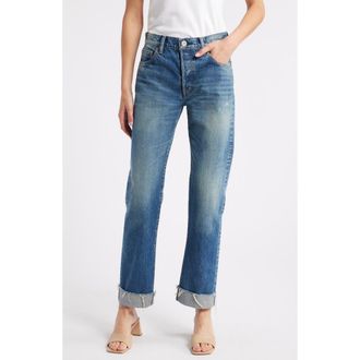 Moussy Vintage Hopewell High Waist Cuffed Raw Hem Straight Leg Jeans in Dark Blue at Nordstrom Rack, Size 24
