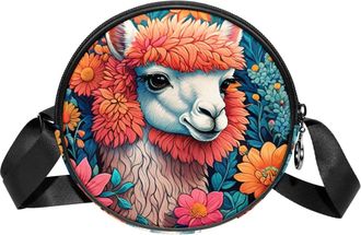 Generic Circle Crossbody Bag for Women, Color Drawing Alpaca Small Sling Bag Daypack with Zipper Adjustable Shoulder Straps Casual Ladies Girls Round Purse