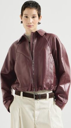Brunello Cucinelli Nappa leather outerwear jacket with drawstring and monili in Burgundy at Nordstrom, Size 48
