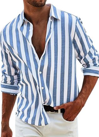 Generic Mens Stripes Long Sleeve Tops Lapel Casual Party Shirt Regular Fit Classic Button-Down Plus Size Office Tshirt Tartan Gingham Vintage Overshirts Prom 