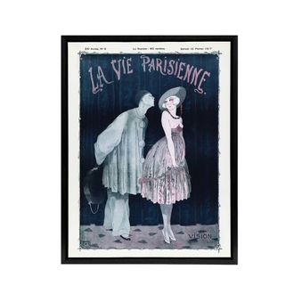 Artery8 La Vie Parisienne Kissing Pierrot Clown Framed Canvas Wall Art Print in Dark Blue | Size: W24 x H32