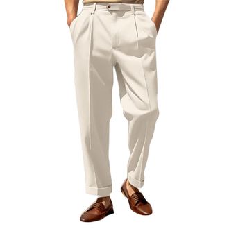 Generic Baggy Dress Pants Mens, Formal Mid-Waist Dress Pant with Button Modern Formal Wear Hemmed Bottoms Solid Color Business Pant Straight Loose Fit Office 