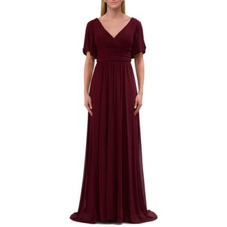 La Femme Flattering Net Jersey Long Dress with Ruffle Sleeve in Wine at Nordstrom, Size 20